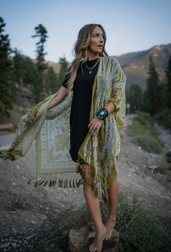 Leto Accessories - Bestselling Velvet Mesh Tapestry Tassel Kimono 💎: Mustard
