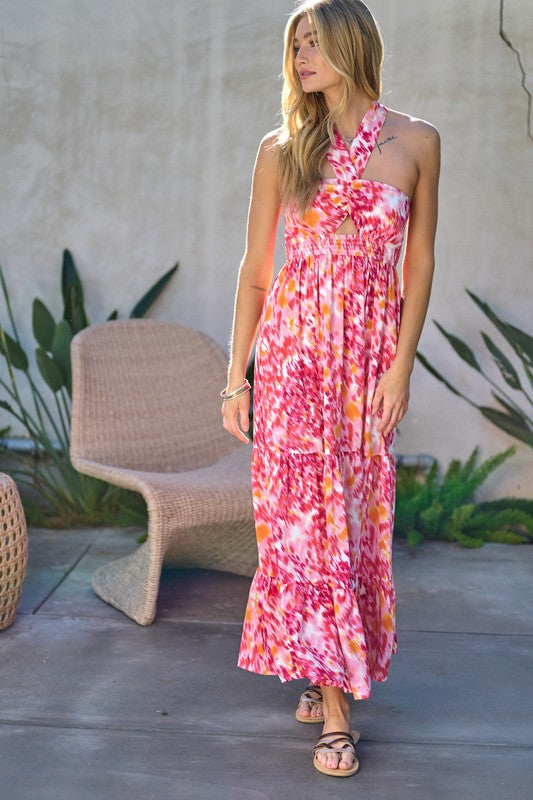 PRINTED SMOCKED RUFFLE MAXI DRESS