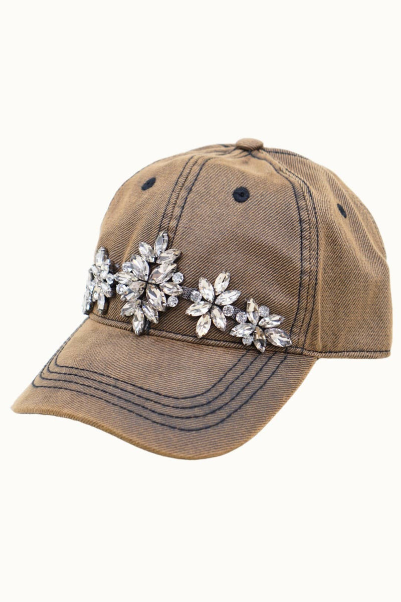Wax Cotton Dad Cap with Bejewelled Glitz: Brown