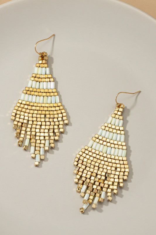 Handmade metallic cube bead tassel earrings