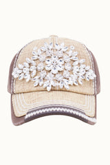 Diamond Bejeweled Bling Glitz Textured Cap, Adjustable: Natural