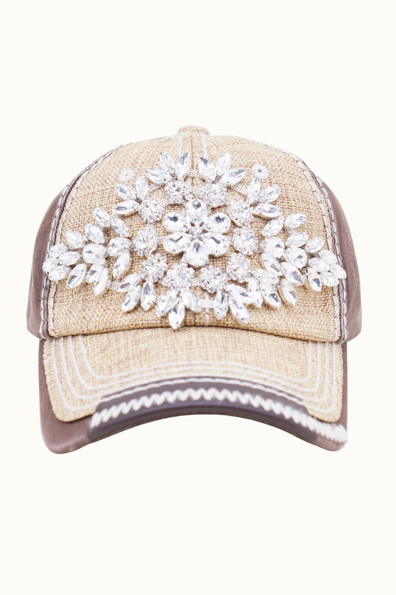 Diamond Bejeweled Bling Glitz Textured Cap, Adjustable: Natural