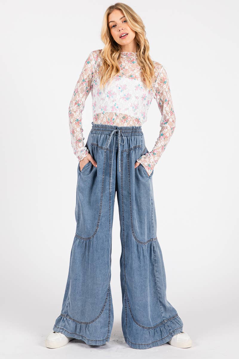 MINERAL WASHED WESTERN WIDE LEG PALAZZO CHAMBRAY PANTS