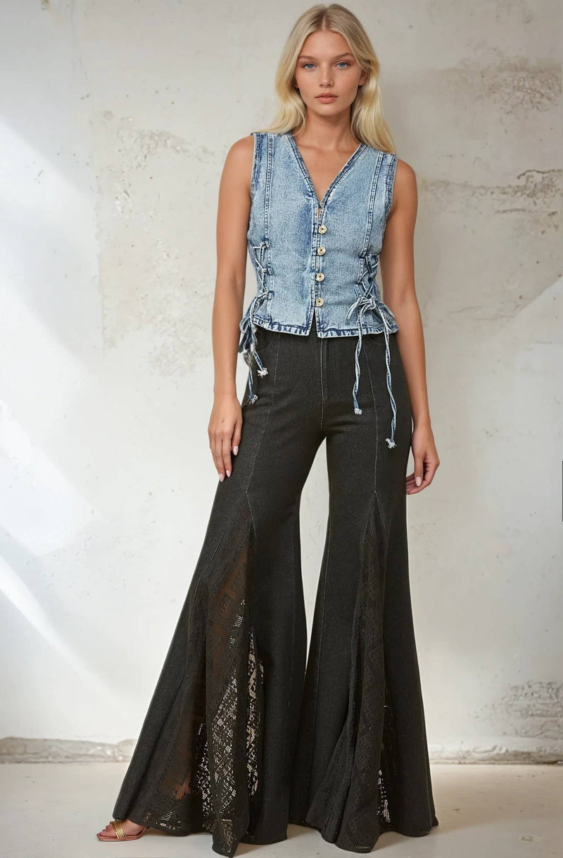 LACE DETAIL WIDE LEG JEANS LACE: BLACK DENIM