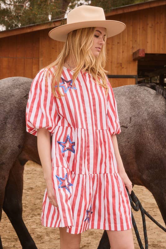 Pre-order*** Cotton Stripe Tiered Mini Dress: Red White Combo