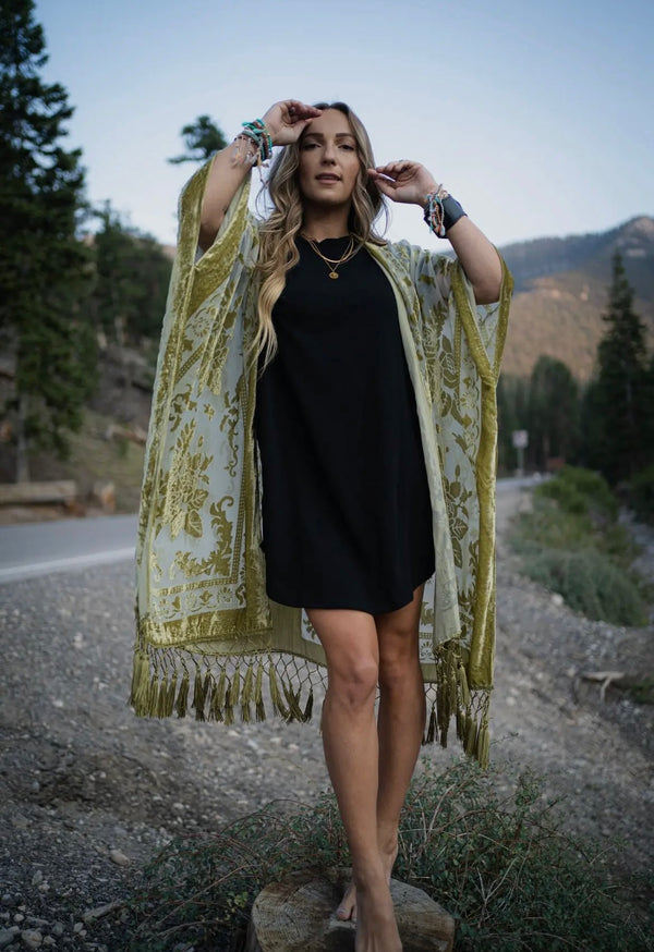 Leto Accessories - Bestselling Velvet Mesh Tapestry Tassel Kimono 💎: Mustard