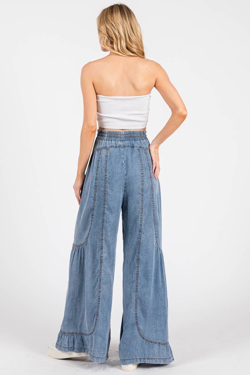 MINERAL WASHED WESTERN WIDE LEG PALAZZO CHAMBRAY PANTS