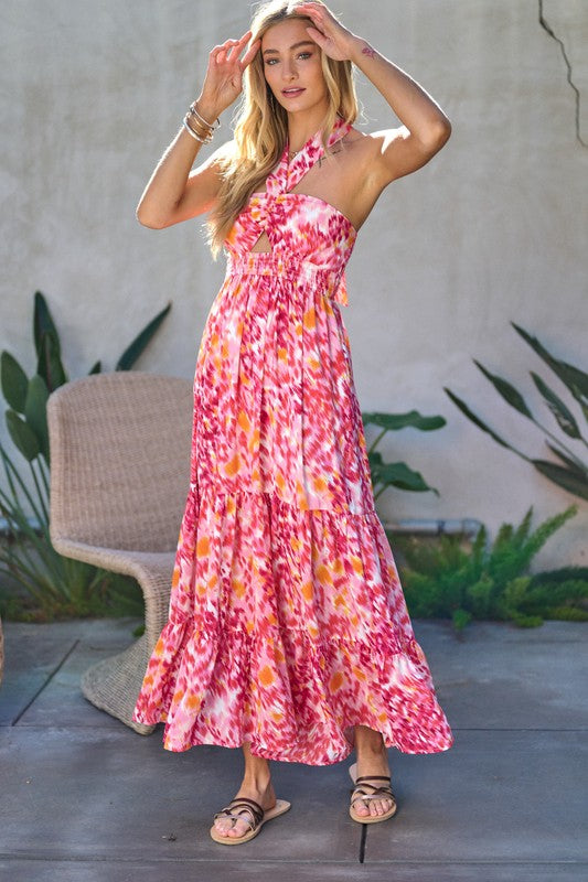 PRINTED SMOCKED RUFFLE MAXI DRESS