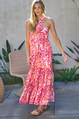 PRINTED SMOCKED RUFFLE MAXI DRESS