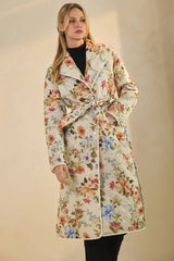 Quilted Floral Printed Belted Coat: Off White Multi