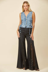 LACE DETAIL WIDE LEG JEANS LACE: BLACK DENIM