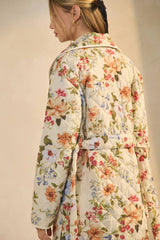 Quilted Floral Printed Belted Coat: Off White Multi