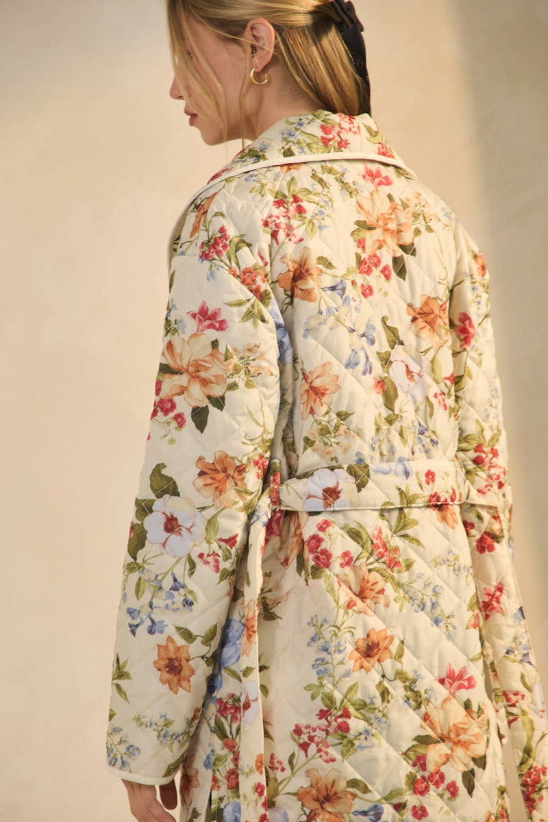 Quilted Floral Printed Belted Coat: Off White Multi