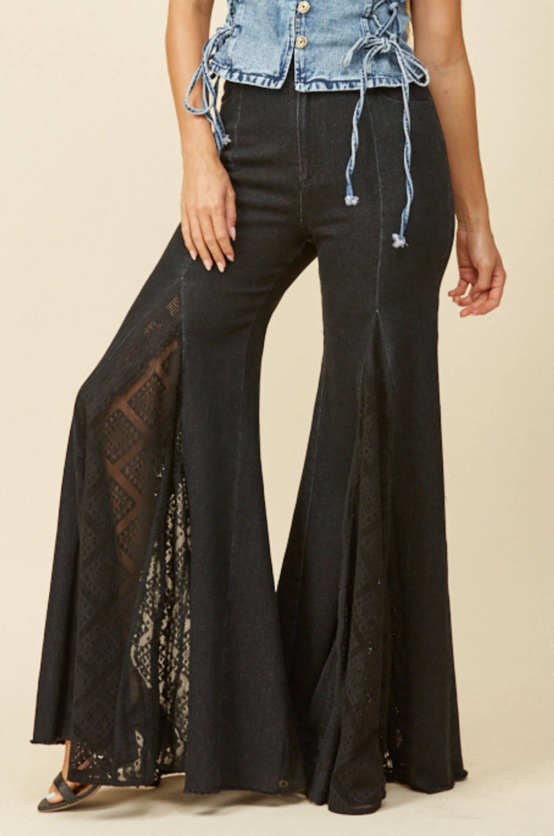 LACE DETAIL WIDE LEG JEANS LACE: BLACK DENIM