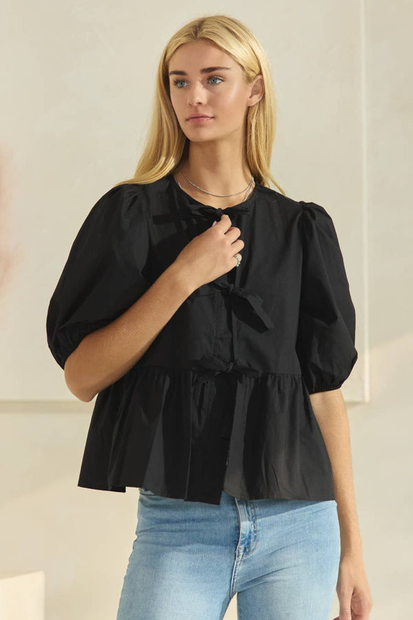 Solid Cotton Poplin Front Tie Ribbon Blouse: Black