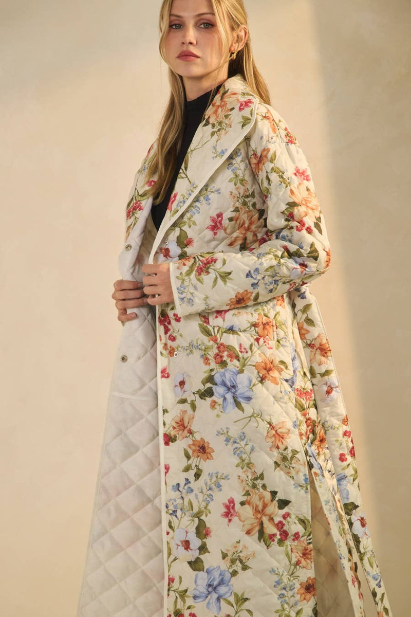 Quilted Floral Printed Belted Coat: Off White Multi