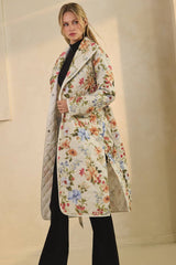 Quilted Floral Printed Belted Coat: Off White Multi