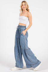 MINERAL WASHED WESTERN WIDE LEG PALAZZO CHAMBRAY PANTS