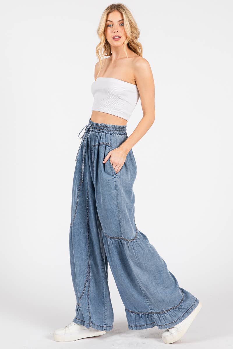 MINERAL WASHED WESTERN WIDE LEG PALAZZO CHAMBRAY PANTS