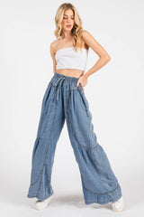 MINERAL WASHED WESTERN WIDE LEG PALAZZO CHAMBRAY PANTS
