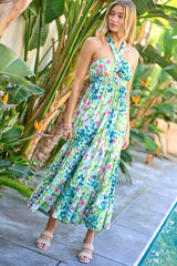 PRINTED SMOCKED RUFFLE MAXI DRESS