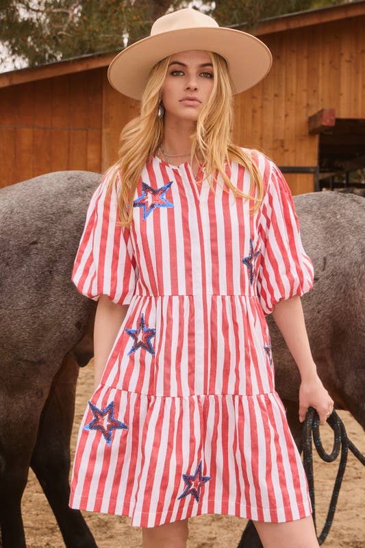 Pre-order*** Cotton Stripe Tiered Mini Dress: Red White Combo