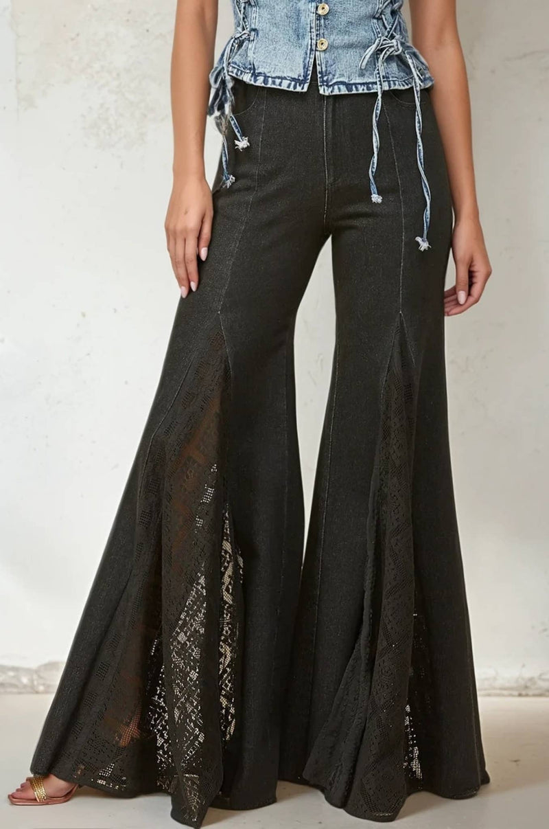 LACE DETAIL WIDE LEG JEANS LACE: BLACK DENIM