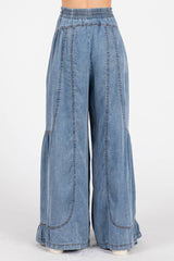 MINERAL WASHED WESTERN WIDE LEG PALAZZO CHAMBRAY PANTS