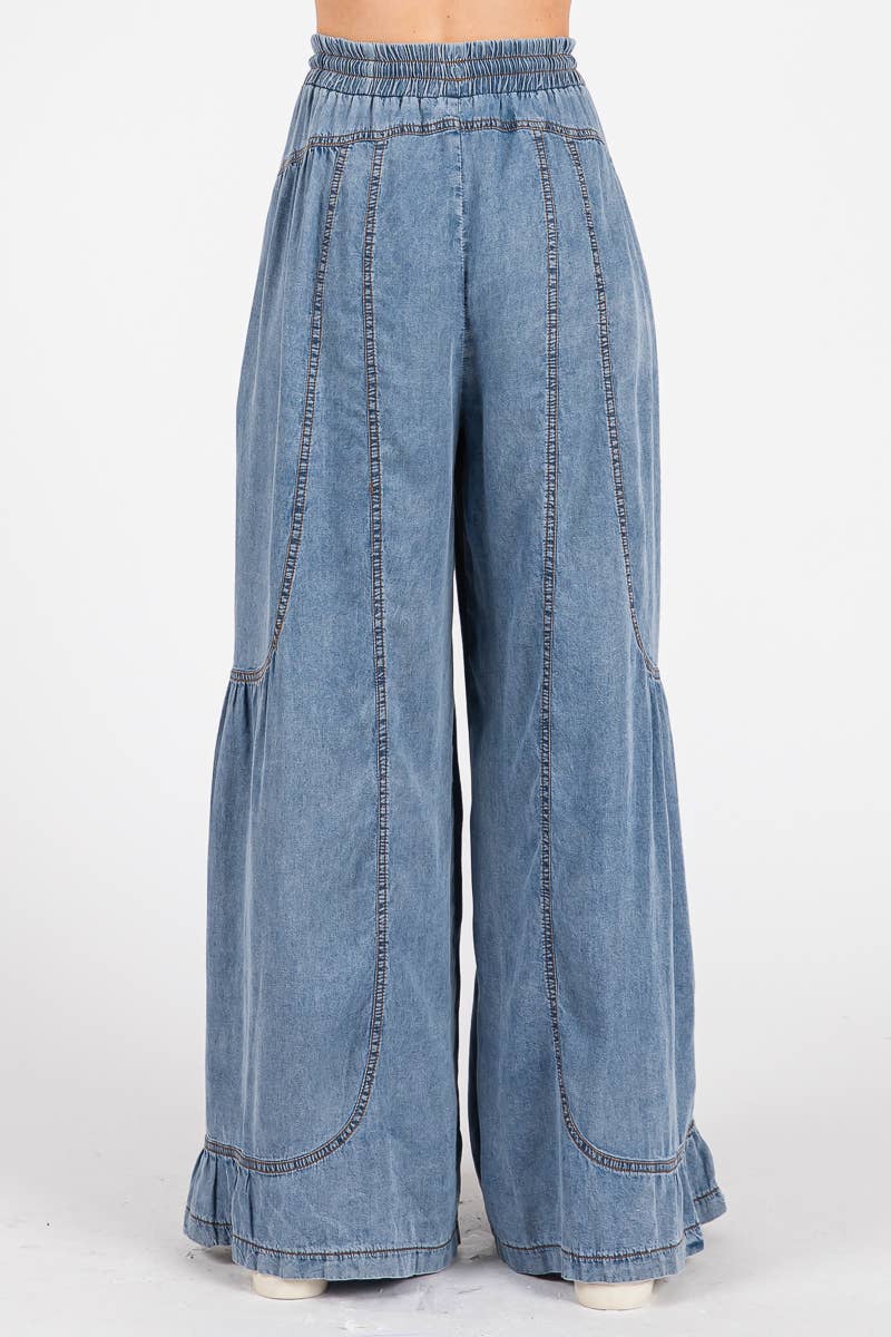 MINERAL WASHED WESTERN WIDE LEG PALAZZO CHAMBRAY PANTS
