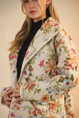 Quilted Floral Printed Belted Coat: Off White Multi
