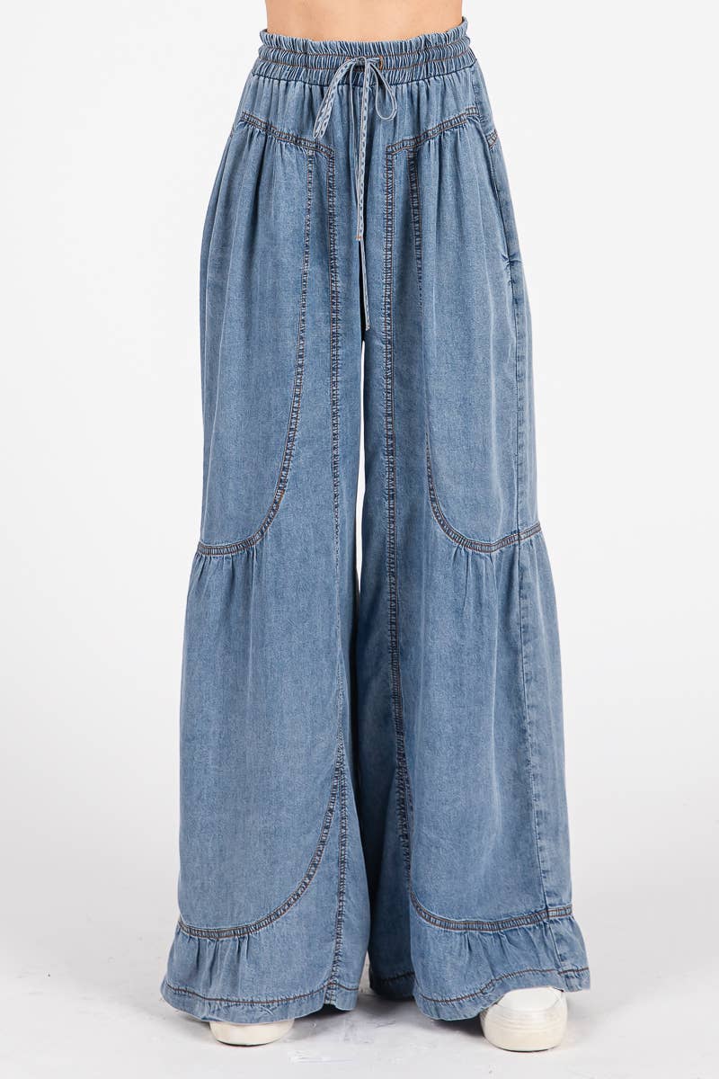 MINERAL WASHED WESTERN WIDE LEG PALAZZO CHAMBRAY PANTS