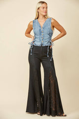 LACE DETAIL WIDE LEG JEANS LACE: BLACK DENIM