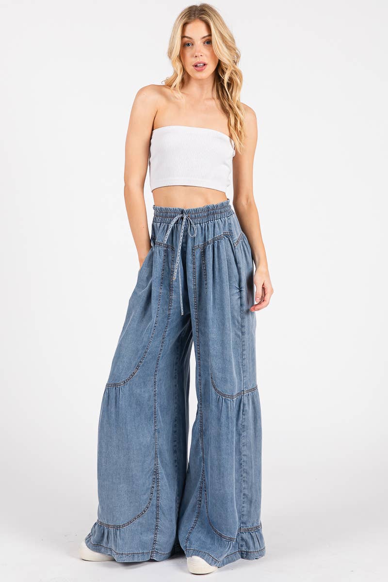MINERAL WASHED WESTERN WIDE LEG PALAZZO CHAMBRAY PANTS