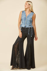 LACE DETAIL WIDE LEG JEANS LACE: BLACK DENIM