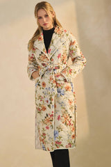 Quilted Floral Printed Belted Coat: Off White Multi