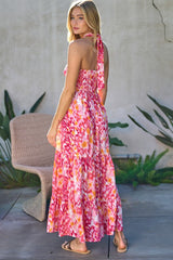 PRINTED SMOCKED RUFFLE MAXI DRESS