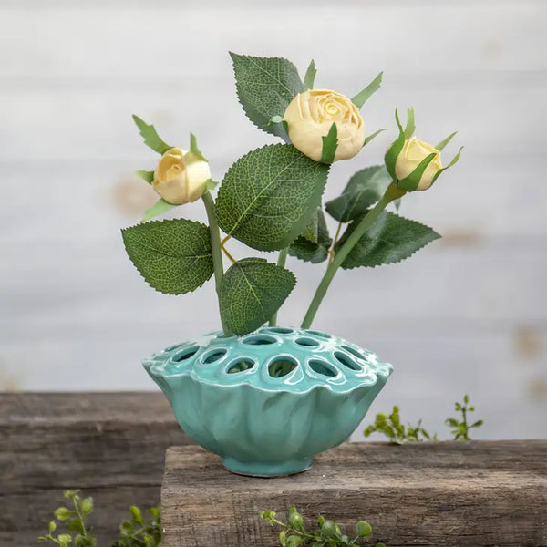 Round Ceramic Flower Frog - Blue